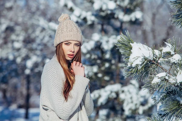 Hermoso retrato de invierno de mujer joven en el paisaje nevado —  Fotos de Stock