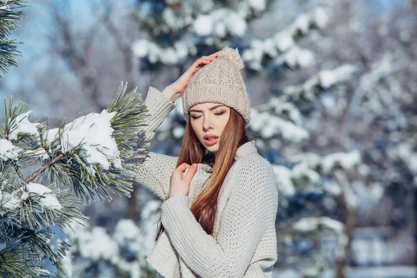 Szép téli a havas tájat, fiatal nő portréja — Stock Fotó