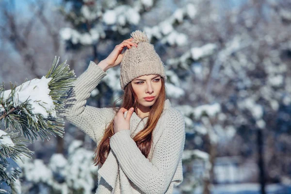 Krásné zimní portrét mladé ženy v zasněžené krajině — Stock fotografie