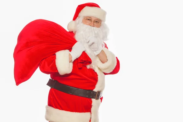 Real Santa Claus carrying big bag and showing ok, isolated on wh — Stock Photo, Image