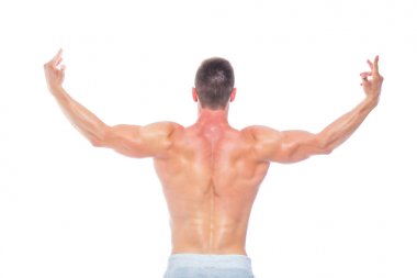 Güçlü geri. Strong Athletic Man-Fitness modeli copyspace ile beyaz arka planda izole onun mükemmel vücudu gösteren. Mükemmel ABS, omuz, Biceps, Triceps ve göğüs ile vücut geliştirmeci adam.