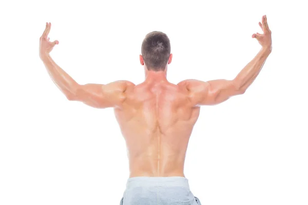 Costas poderosas. Homem Atlético Forte Modelo Fitness mostrando seu corpo perfeito isolado em fundo branco com copyspace. Homem fisiculturista com abdominais perfeitos, ombros, bíceps, tríceps e peito . — Fotografia de Stock