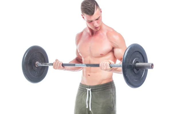 Gespierde man trainen in Studio doen oefeningen met barbell bij biceps, sterke mannelijk naakte torso ABS. geïsoleerd op witte achtergrond. Ruimte kopiëren. — Stockfoto