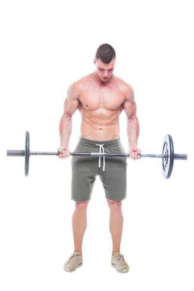 Muskulös man tränar i studion gör övningar med skivstång på biceps, stark hane naken torso ABS. isolerad på vit bakgrund. Kopiera utrymme. — Stockfoto