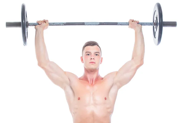 Gespierde man trainen in Studio doen oefeningen met barbell bij biceps, sterke mannelijk naakte torso ABS. geïsoleerd op witte achtergrond. Ruimte kopiëren. — Stockfoto