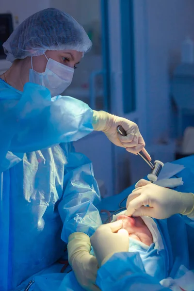 Chirurg i jego asystent wykonywania chirurgii plastycznej na nos w szpitalu sali operacyjnej. Zmiana kształtu nosa, augmentacja. Korekcja. Hammer. — Zdjęcie stockowe