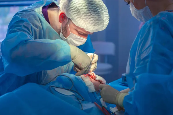 Cirujano y su asistente realizando cirugía estética en la nariz en el quirófano del hospital. Remodelación de la nariz, aumento. Rinoplastia . — Foto de Stock