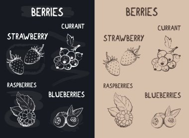 El çekilmiş çilek skeçler set hisse senedi illüstrasyon