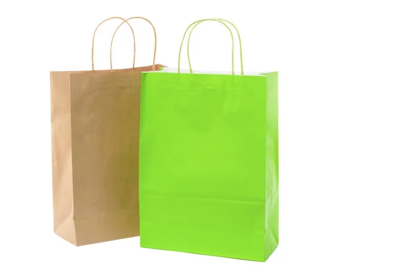 Sacchetti Shopping Carta Marrone Verde Sfondo Bianco Superficie Vuota — Foto Stock