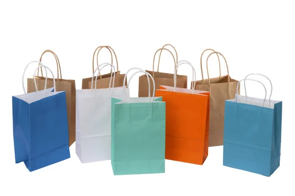 Verscheidenheid Van Gekleurd Papier Boodschappentassen Witte Achtergrond Leeg Gebied — Stockfoto