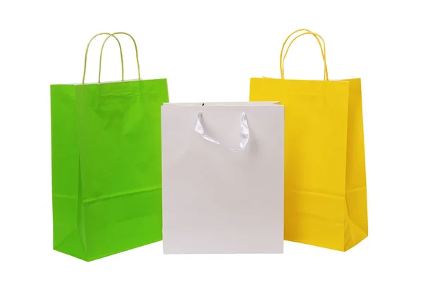 Verscheidenheid Van Gekleurd Papier Boodschappentassen Witte Achtergrond Leeg Gebied — Stockfoto
