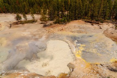 Along the Yellowstone River lie mud volcanoes and sulfur Caldron are mainly pots of mud and fumaroles because the area is located on a perched water system with little water available. clipart