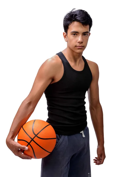 Porträtt Ung Basketspelare Passning Kaukasiska Pojke Sportkläder Spela Basket Vit — Stockfoto