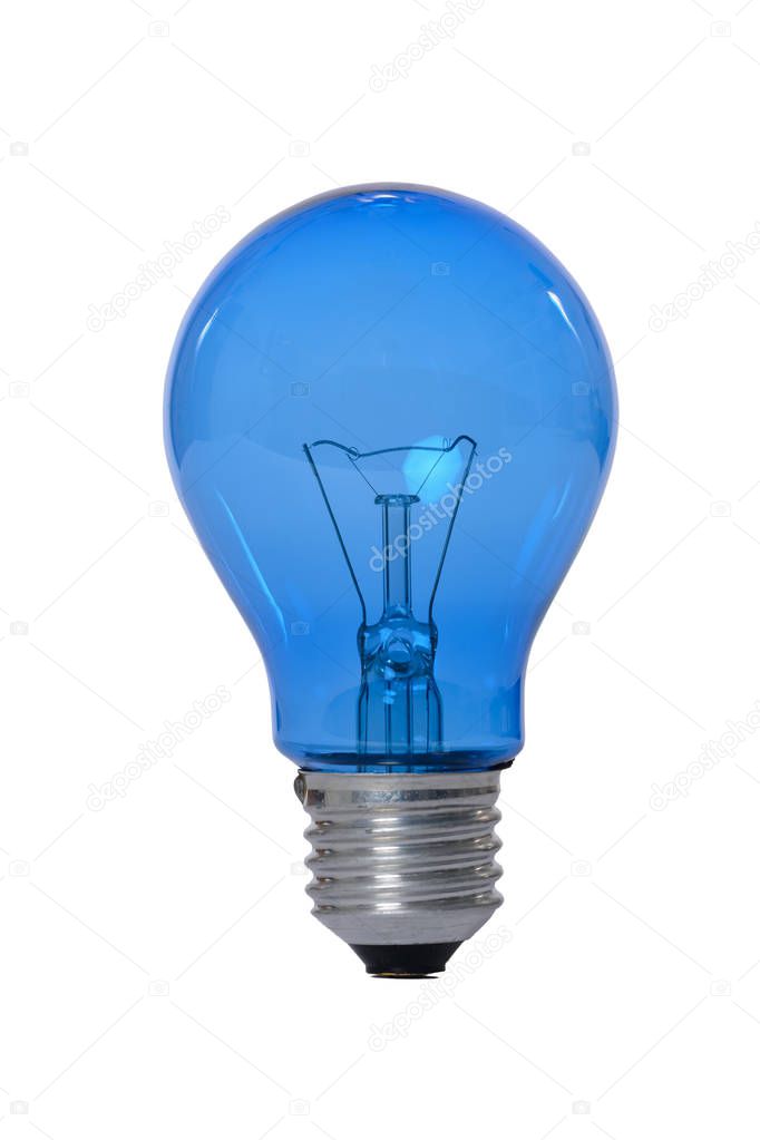 Incandescent lamp with glass bulb and E27 europe blue attachment for reading. Old standard of consumption obsolete and prohibited by current regulations.