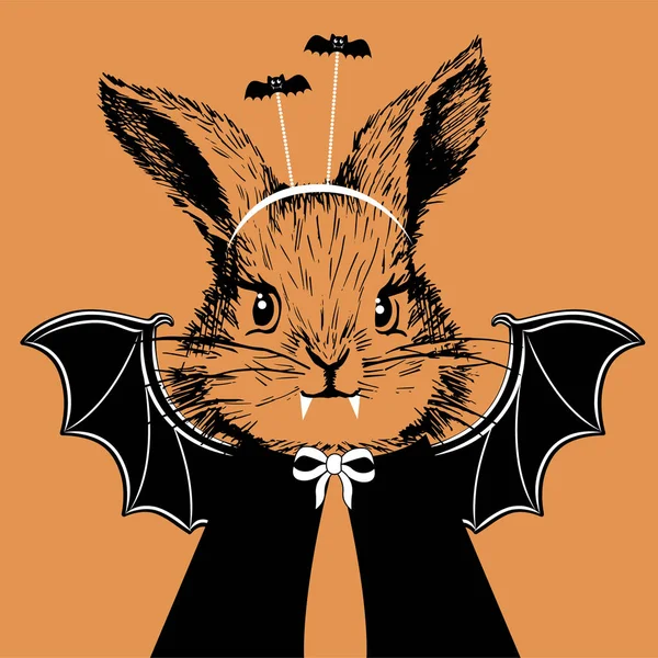 Coniglietto Con Ali Pipistrello Zanne Sfondo Arancione Illustrazione Vettoriale Disegnata — Vettoriale Stock