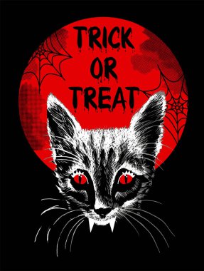 Dolunay arka planında siyah kedi yavrusu suratı. El çizimi vektör çizimi. Kızlar için Cadılar Bayramı tişörtü.