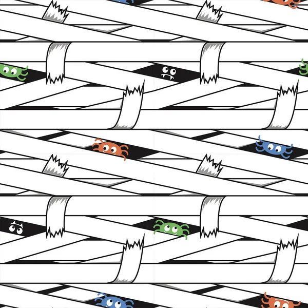 Mummy bandages with spiders seamless pattern. Hand drawn vector illustration. Halloween print for kids t-shirt. — Stock Illustration Mummy Bandages Spiders Seamless Pattern Hand Drawn Vector Illustration Halloween Royalty Free Stock Vectors