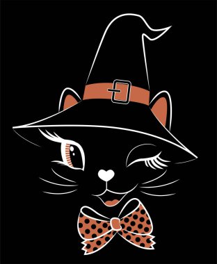 Cadının şapkasındaki siyah kedinin göz kırpan yüzü. Cadılar Bayramı çizgi film vektör çizimi.