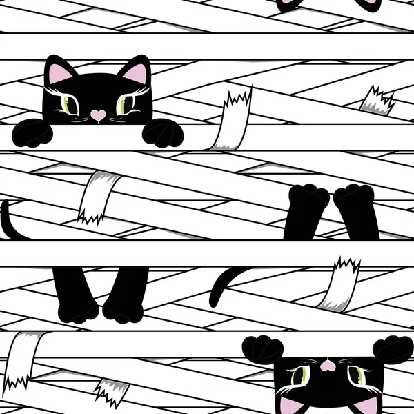 Maminka Obvazy Černými Kočkami Bezešvé Vzor Halloween Kreslené Vektorové Ilustrace — Stockový vektor