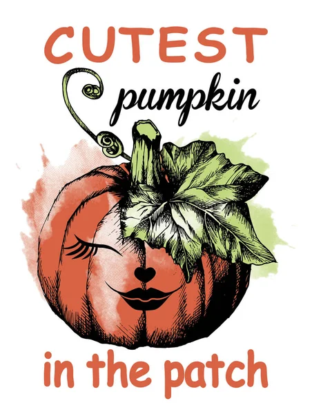 Citrouille Mignonne Coin Filles Slogan Halloween Avec Citrouille Dessinée Main — Image vectorielle