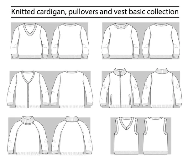 针织羊毛衫 套头衫和背心系列基本技术草图 — 图库矢量图片