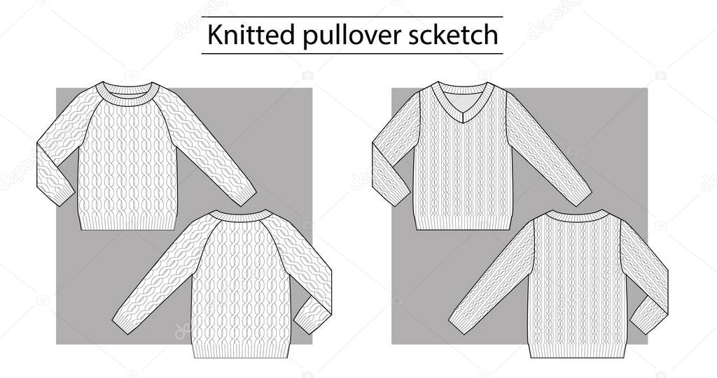 Knitted pullover with v-neck and round-neck with braids technical scketch
