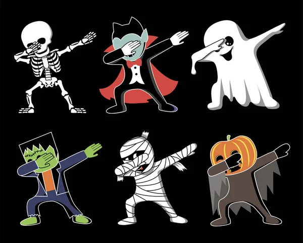 Komik karikatür iskeleti, Drakula, Ghost, Frankenstein, mumya ve balkabağı DAB hareketi yapıyor, hip hop dansı. Cadılar Bayramı vektör illüstrasyonu.
