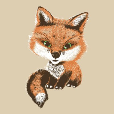 Bej arkaplan vektör illüstrasyonunda el çizimi küçük tilki