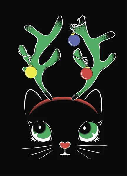 Різдвяний Кіт Кошеня Обличчя Чорному Тлі Векторні Ілюстрації Сорочки — стоковий вектор