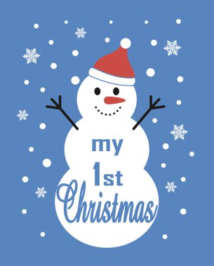 Noel Baba şapkalı kardan adam. İlk Noel 'imden. Çocuklar için çizgi film vektör çizimi.