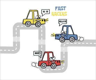 Bebek tişörtü için yol vektör illüstrasyonlu çizgi film arabası baskısı.