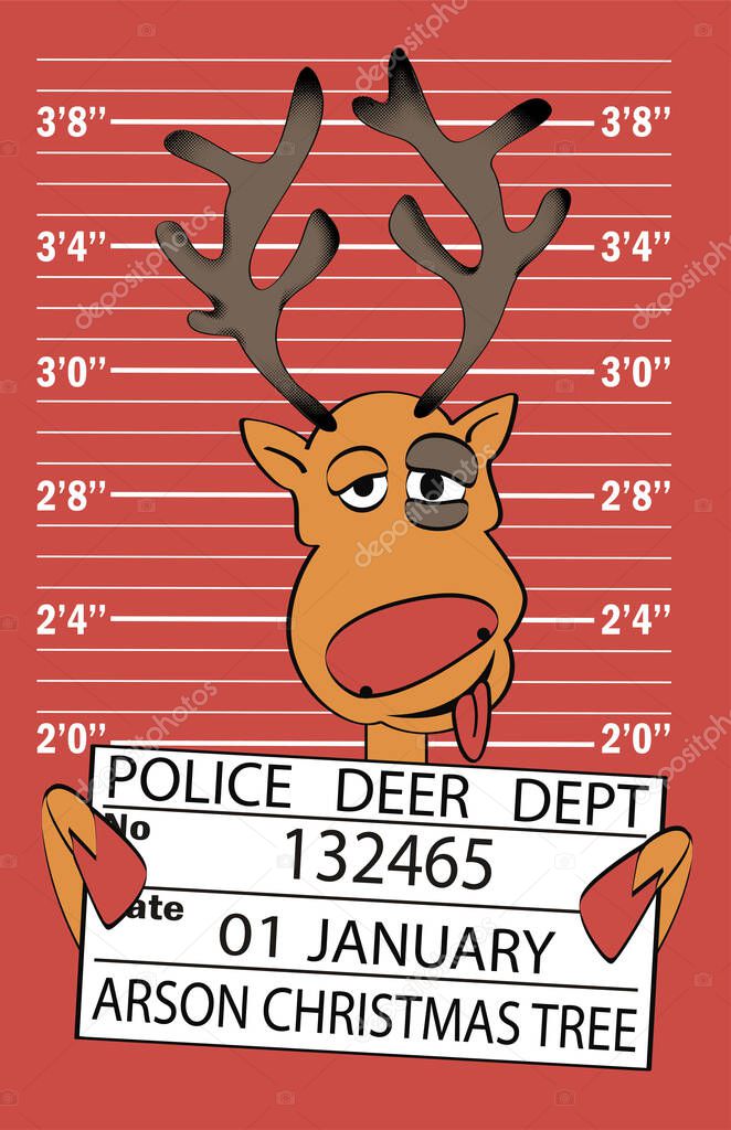 Cartoon funny deer in police dept. Christmas vector illustration.