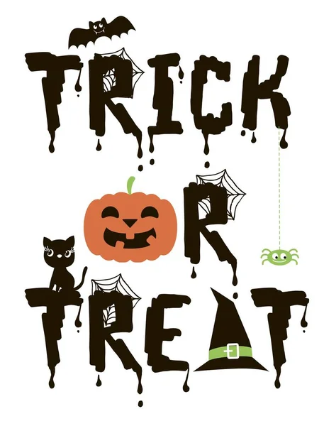 Trick Treat Halloween Dětský Slogan Dýní Černá Kočka Pavouk Pavučina — Stockový vektor