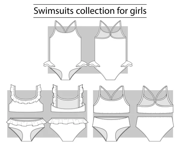 水着コレクション女の子のための技術的なスケッチの基本セット — ストックベクタ