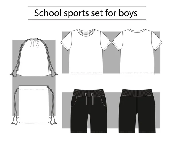供男生使用的学校运动套件的技术草图 T恤衫 短裤和包 — 图库矢量图片