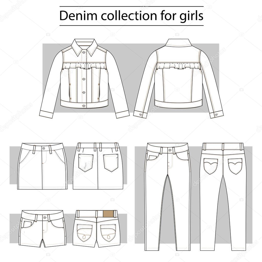 Denim collection basic set of technical sketches for girls.