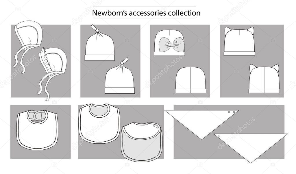 Newborns accessories collection bibs & heats basic set of technical sketches for babys.