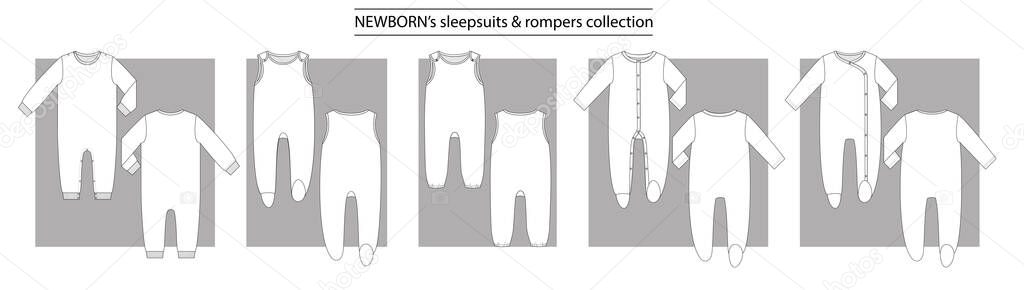 NEWBORNs sleepsuits & rompers collection basic set of technical sketches for babys.