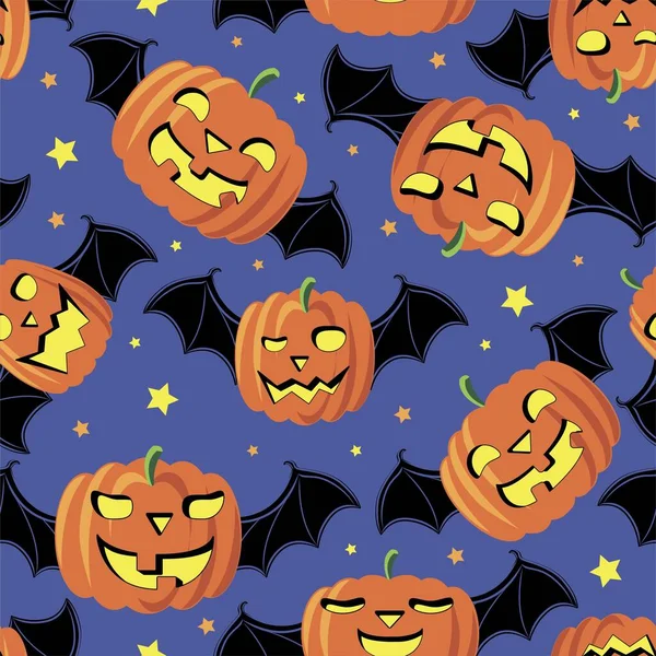 Grappige Halloween Pompoen Met Vleermuisvleugels Naadloos Print Patroon Vectorillustratie — Stockvector