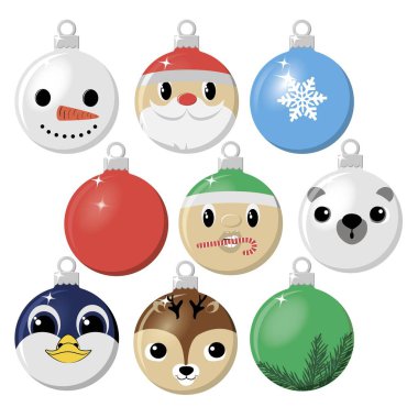 Noel Baba, Elf, Kardan Adam, Kutup Ayısı, Penguen ve Geyik Yüzlü Noel Baloları. Vektör illüstrasyonu.