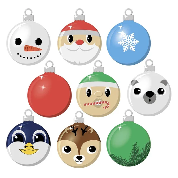Kerstballen Met Kerstman Elf Sneeuwpop Ijsbeer Pinguïn Hertenkop Vectorillustratie — Stockvector