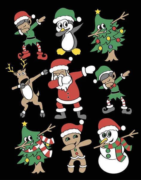  Komik Noel Baba, Noel ağacı, elfler, kardan adam, penguen ve kurabiyeler DAB hareketini yapıyor, hip hop dansı tarzında. Noel vektör illüstrasyonu.