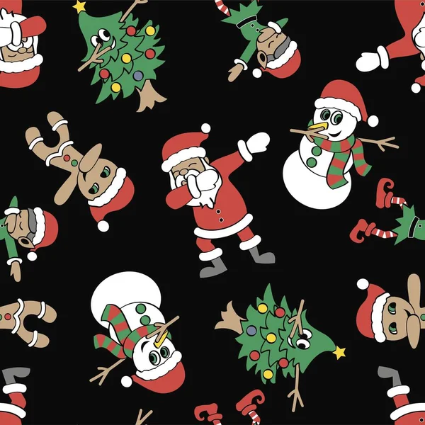  Komik Noel Baba, Noel ağacı, elf, kardan adam ve kurabiyeler DAB hareketini yapıyor, hip hop tarzı dans ediyor. Kusursuz bir Noel deseni. Vektör illüstrasyonu.