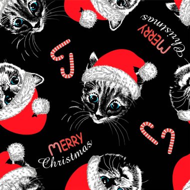 Siyah kedi yüzlü, Noel Baba şapkalı kedi. El çizimi vektör çizimi. Noel kusursuz desen.