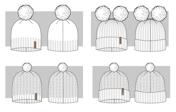 Teknik Eskizler Dizisi Örülmüş Kış Şapkaları Vektör Illüstrasyonu — Stok Vektör