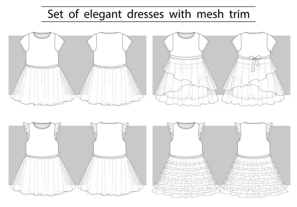 Elegantes Vestidos Fiesta Con Ribete Malla Conjunto Bocetos Técnicos Para — Vector de stock