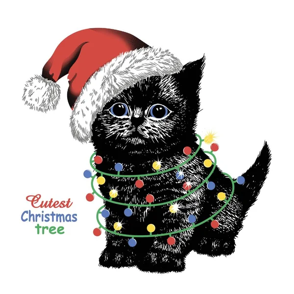 Noel Baba şapkası ve Noel ışıklarıyla pofuduk siyah kedi yavrusu. El çizimi vektör illüstrasyonu.