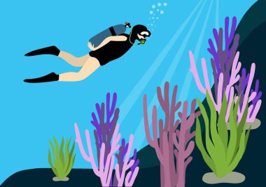 Mavi arka planda düz bir dalış. Vektör tasarımı. Dalgıç kızlar su altı dünyasına daldırılıyor algler, mercanlar, hava kabarcıkları, mavi suda güneş ışınları, aktif eğlence, tatiller, aşırı uçlarda.