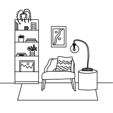 Dekorasyon tasarımı için konforlu ev iç monokrom. Zarif bir dekorasyon. Moda tasarımı. Sıcak ve sevimli modern İskandinav iç tasarımı. Ev kızlık zarı konsepti. Okuma koltuğu ve lamba. Kitaplar dolapta.