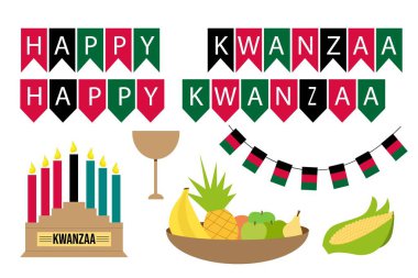 Kwanza 'yı mutlu et. Meyve kasesi, muz, ananas, elma, portakal, armut. Mısır. Bir kase dolusu bolluk. Bayraklar, kutlama dekorasyonu için kart. Işık arkaplanındaki kwanzaa mumları. Vektör tasarımı.